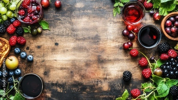 Obraz Berries with syrup on rustic wooden table from a top down view