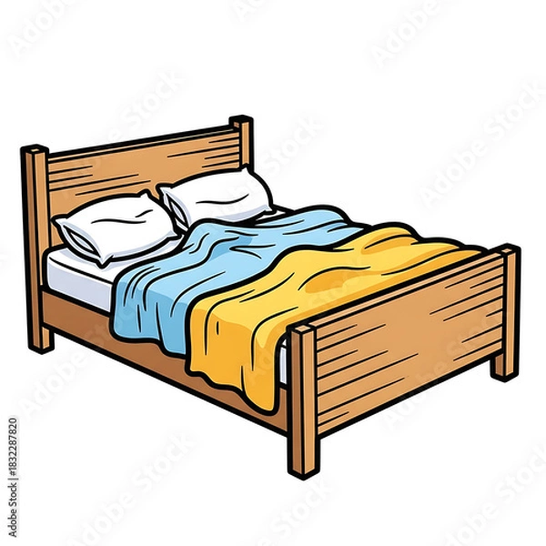 Obraz Wooden bed with colorful bedding and pillows in simple style  