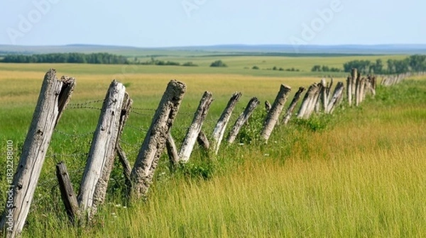 Obraz Cracked and weathered wooden fence posts lean precariously across a sunlit grassy field with a blue sky horizon