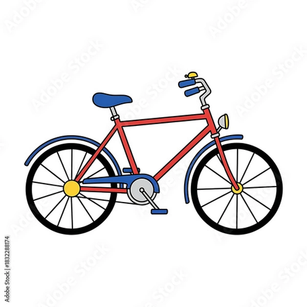 Obraz Colorful red bicycle with blue seat and yellow details on white background  