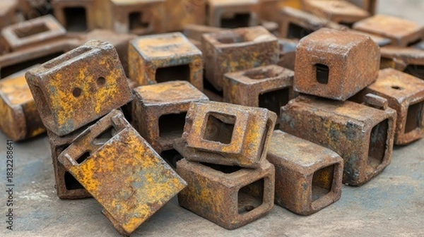 Obraz Close up of rusty interlocking metal components in pile