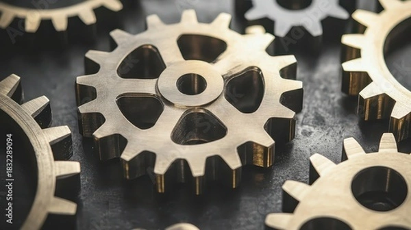 Obraz Closeup of interlocked polished brass gears representing machinery