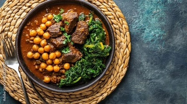 Fototapeta Delicious Ethiopian Injera with Beef Stew on a Woven Mat