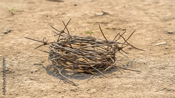 Obraz Coiled barbed wire on dusty ground under the sun