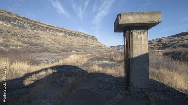 Obraz Crumbling concrete pillar with exposed rebar outdoors