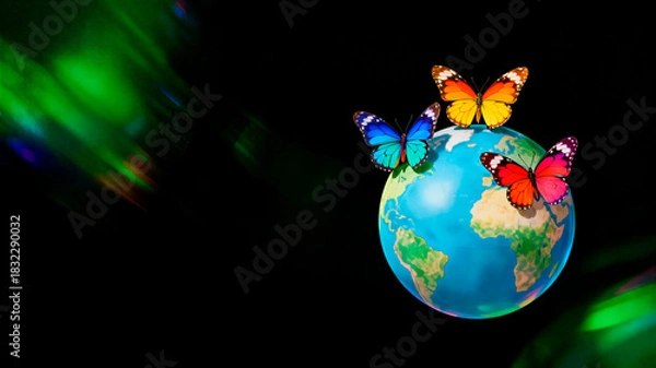 Fototapeta Three different butterflies sit on earth globe on black background, Zero Discrimination Day, 1 March annual event, horizontal banner, free space for text, copy space