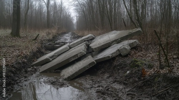 Obraz Large broken concrete pipe sections lying on a muddy path in a forest with bare trees