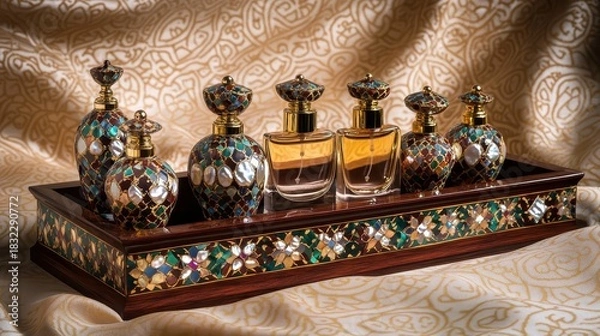 Obraz Luxurious perfumes on a walnut display shelf
