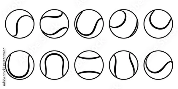 Obraz Set of black outline tennis balls with different seam patterns. Tennis ball sport collection. Flat vector illustration isolated on a white background.