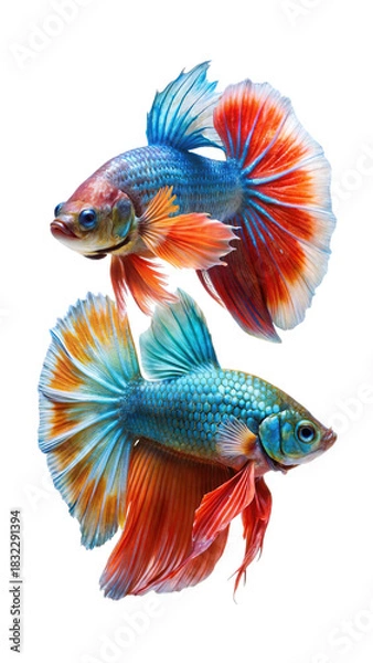 Fototapeta Vibrant siamese fighting fish with flowing fins displayed together isolated on transparent background