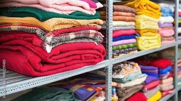 Obraz Neatly folded blankets of various colors and textures are neatly stacked on storage shelves ready for use