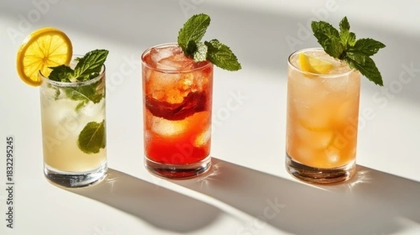 Obraz Three Colorful Cocktails With Mint and Citrus on White Backdrop