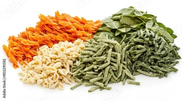 Obraz Various uncooked pasta varieties arranged against white backdrop
