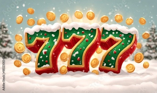 Fototapeta Festive 777 digits in red and green with snow on top, surrounded by falling gold coins on a winter background