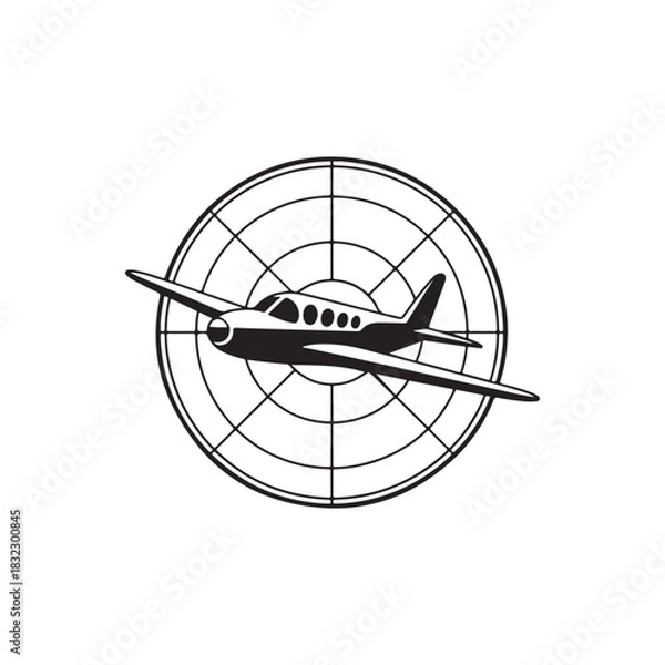 Fototapeta a detailed graphic depiction of a small airplane flying within a circular radar screen a striking silhouette
