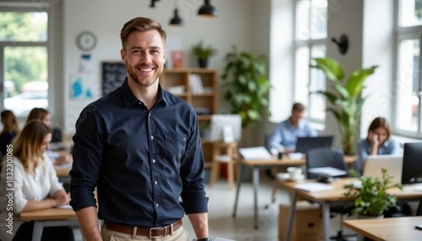 Fototapeta Confident Businessman Smiling in Modern Office with Colleagues Working in Background