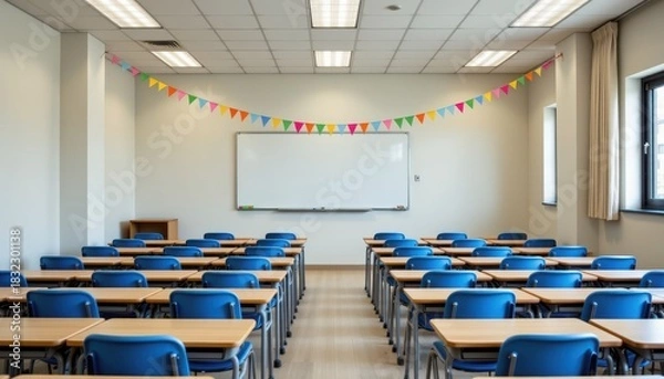 Fototapeta Bright and Welcoming Classroom with Colorful Decorations and Desks Ready for Learning
