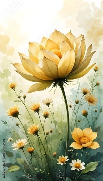 Fototapeta Soft yellow blooming flowers with gentle green foliage creating a bright natural botanical background