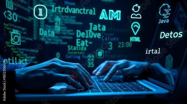 Obraz Neo-Coder Canvas: Hands typing on a laptop with holographic blue coding screen, featuring HTML and data strings