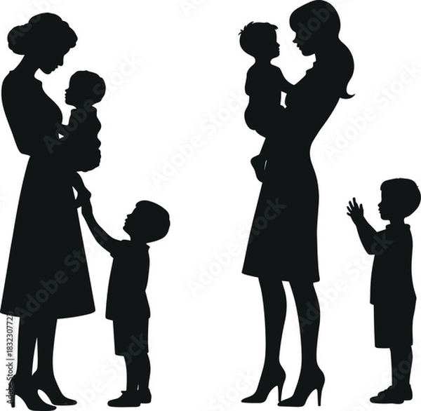 Obraz Mother and Children Silhouettes Vector Illustration, Two Mothers Holding Babies and Standing with Toddler Sons, Family Love and Care Concept, Isolated Black Shapes for Mother's Day Design