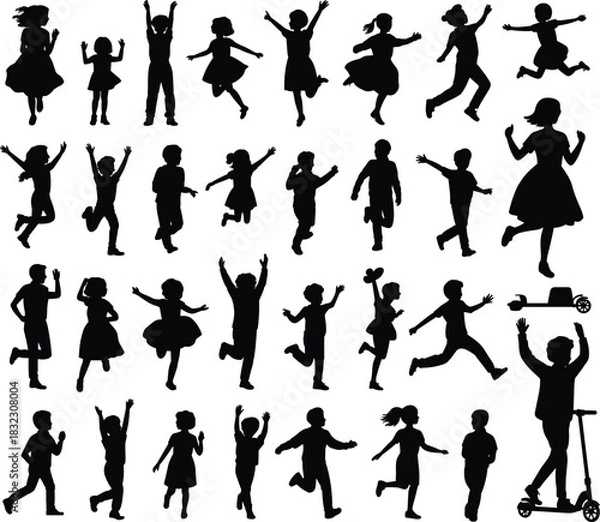 Obraz Children running, jumping, and playing silhouette collection, active kids poses vector set, playful youth movement illustration for creative designs, energetic childhood activity artwork