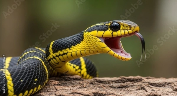 Fototapeta Mangrove snake with open mouth and flicking tongue