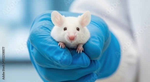Fototapeta Mouse in gloved hand for laboratory research
