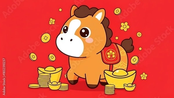 Fototapeta Cartoon horse with gold coins and ingots on a red background for chinese new year