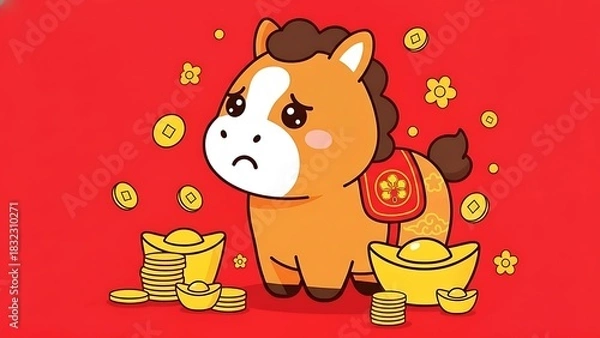 Fototapeta A sad cartoon horse surrounded by gold coins and ingots on a red background design