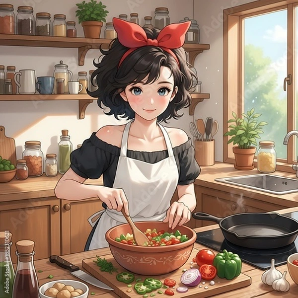 Fototapeta Anime style girl in kitchen preparing salad with vegetables and cooking utensils