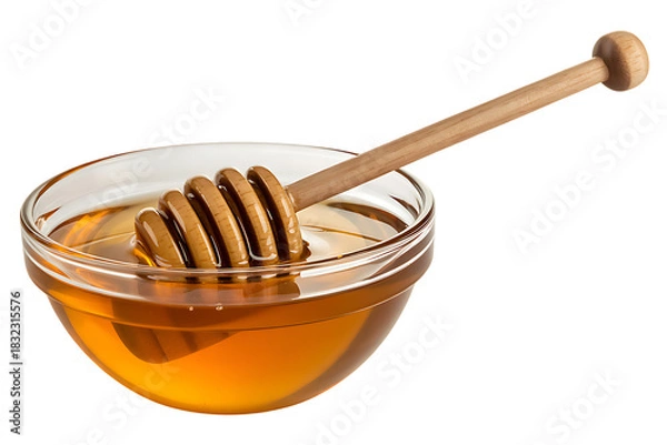 Fototapeta Honey Dipper With Bowl of Honey Sweet Food Ingredient for Cooking Recipe as Natural Product Isolated on Transparent