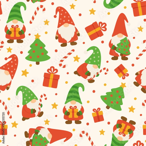 Fototapeta Cute Christmas Gnome Seamless Pattern with Trees, Gifts, and Candy Canes. Gnomes vector illustration. 