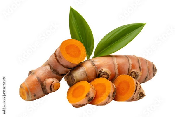 Fototapeta Turmeric rhizome and slices with fresh green leaves isolated on transparent background 