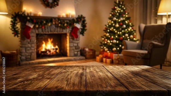 Fototapeta Empty dark wood table with fireplace and decorated Christmas room out of focus, warm cozy lighting, natural shadows, space for product placement