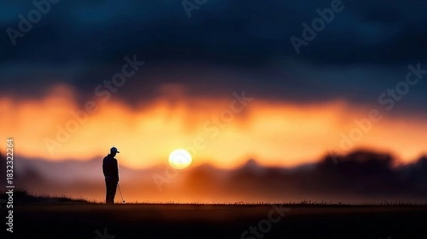 Obraz A silhouette of a golfer standing on a golf course at sunset. The sky is filled with vibrant orange and blue hues.