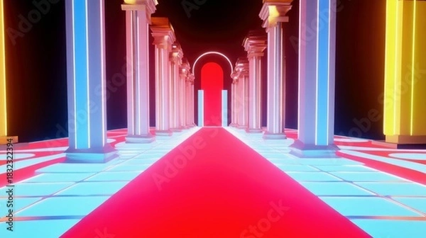 Obraz A futuristic hallway with columns, a red carpet, and neon lighting. The interior design creates a vibrant and modern atmosphere.