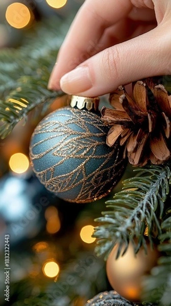 Obraz A hand decorates a Christmas tree with a blue and gold ornament, creating a festive holiday atmosphere.