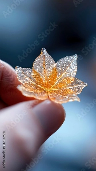 Obraz A hand delicately holds a maple leaf covered in water droplets, showcasing intricate details and a soft, blurred background.