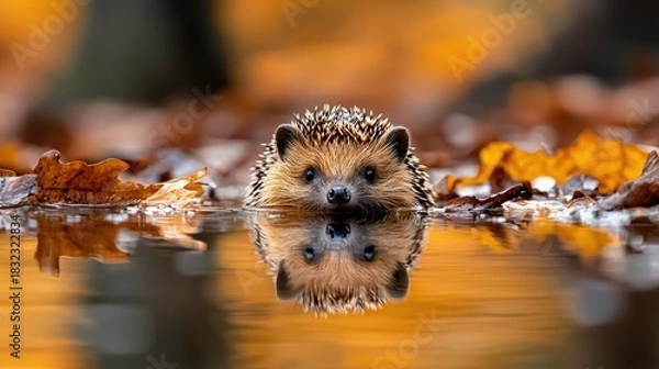 Obraz A cute hedgehog is swimming in a pond, surrounded by autumn leaves, with its reflection visible in the water. The scene is bathed in warm, natural light.