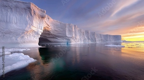 Obraz Dramatic view of a large iceberg floating on water at sunset. The sky is filled with colorful clouds.