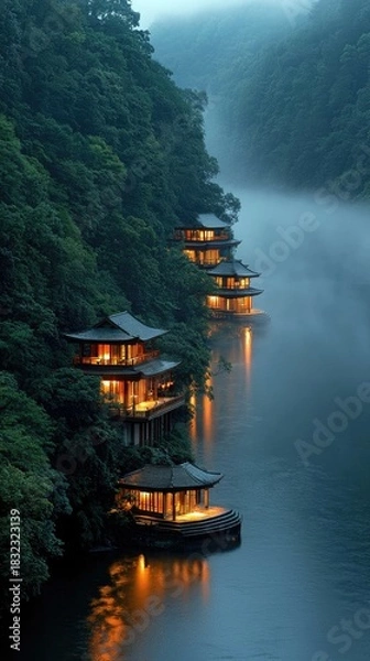 Obraz Scenic view of traditional pagoda buildings illuminated along a cliffside by a river, with lush green trees and a moody, atmospheric dusk setting.