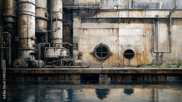 Obraz An industrial factory with pipes and structures is reflected in the water, creating a grungy and weathered atmosphere.