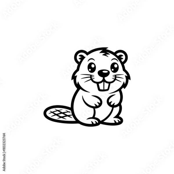 Fototapeta A simple black and white vector drawing of a cute happy smiling beaver mascot with large teeth and a paddle shaped tail. The style is childlike and minimalist.