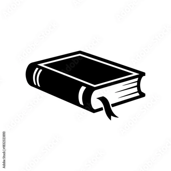 Fototapeta A simple black and white vector icon of a closed hardback book lying down with a ribbon bookmark sticking out. The design is minimalist and represents learning or reading.