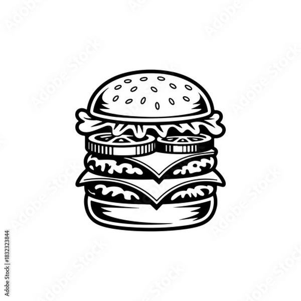 Fototapeta A simple black and white vector icon of a tall stacked double or triple cheeseburger with layers of bun lettuce cheese patties and vegetables. The style is bold and retro.
