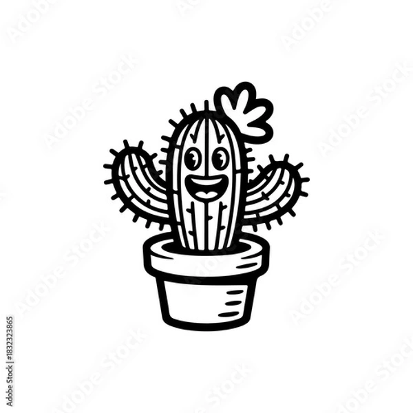 Fototapeta A simple black and white vector drawing of a cute happy smiling cactus mascot in a flower pot waving its arms. The desert plant has spines and a flower on its head.