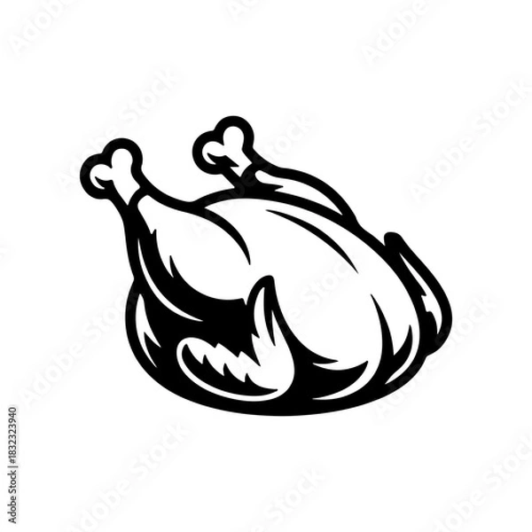 Fototapeta A bold black and white vector icon of a whole roasted chicken or turkey prepared for a holiday or festive dinner. The legs are tied together and the style is simple and graphic.