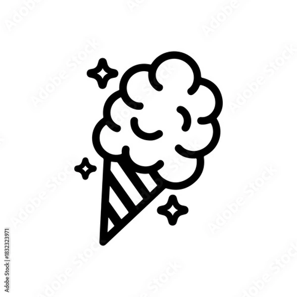 Fototapeta A simple black and white vector icon of a cone of cotton candy or spun sugar decorated with small stars and dots. The style is bold and linear representing a sweet treat.