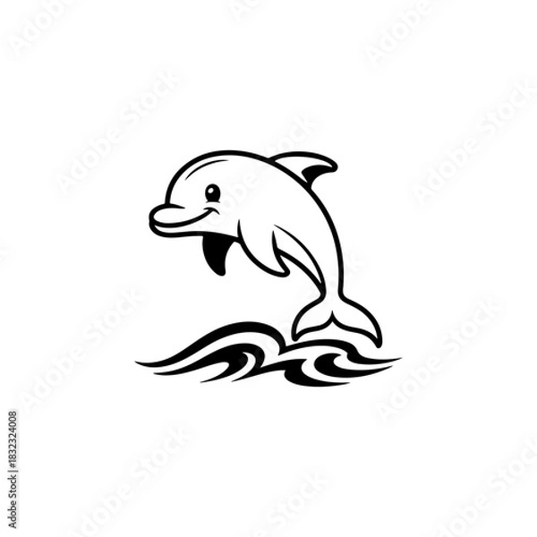 Fototapeta A simple black and white vector drawing of a cute friendly smiling dolphin jumping out of the water over tribal styled waves. The style is bold and linear.