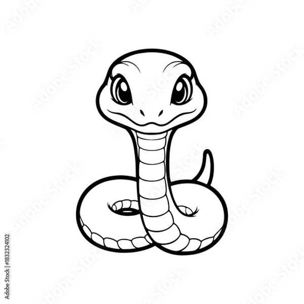 Fototapeta A simple black and white vector drawing of a cute happy friendly coiled cartoon snake mascot with large eyes and tongue flicking out. The style is childlike and minimalist.